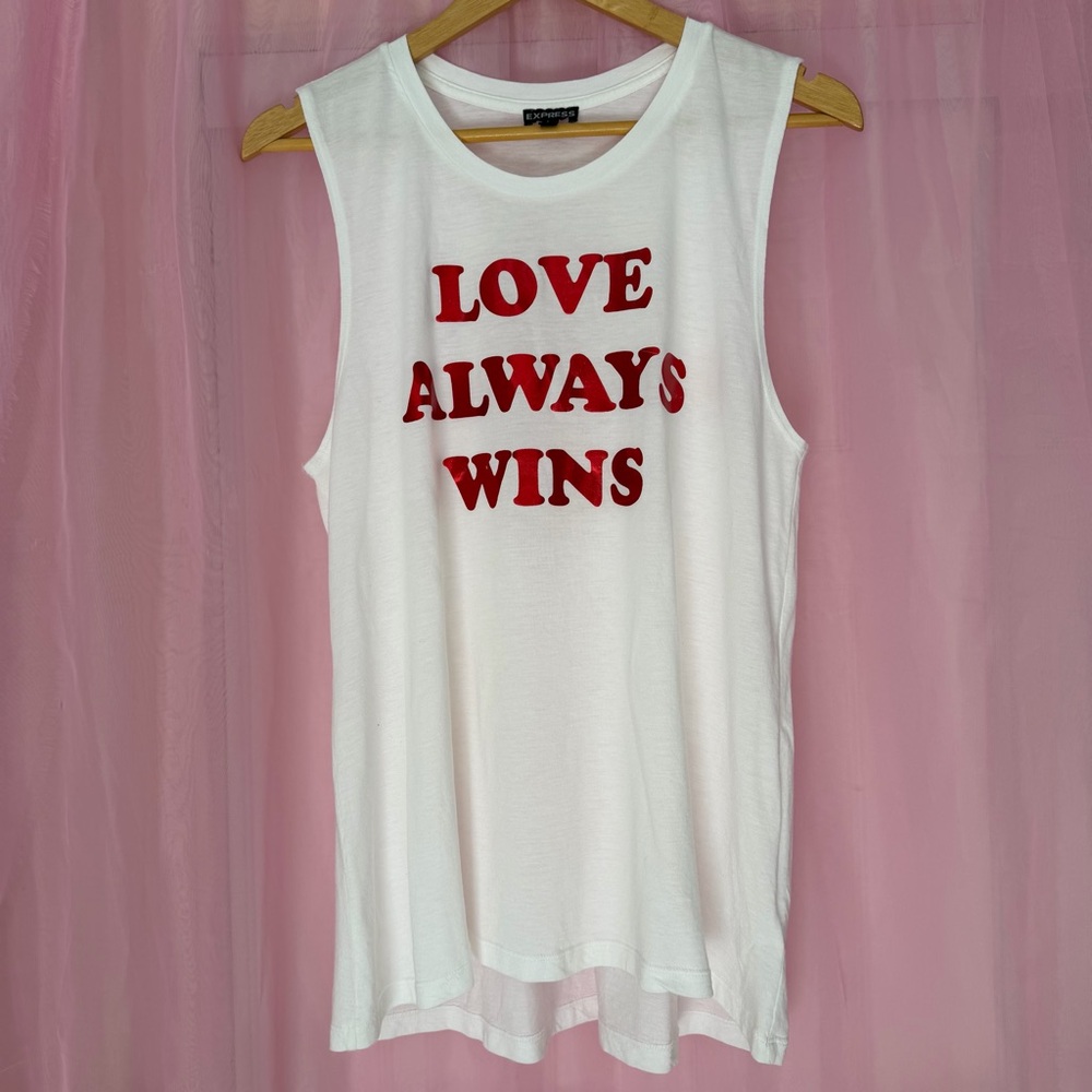 4/$25 Express White Tank Top with Red "LOVE ALWAYS WINS" Graphic Size L